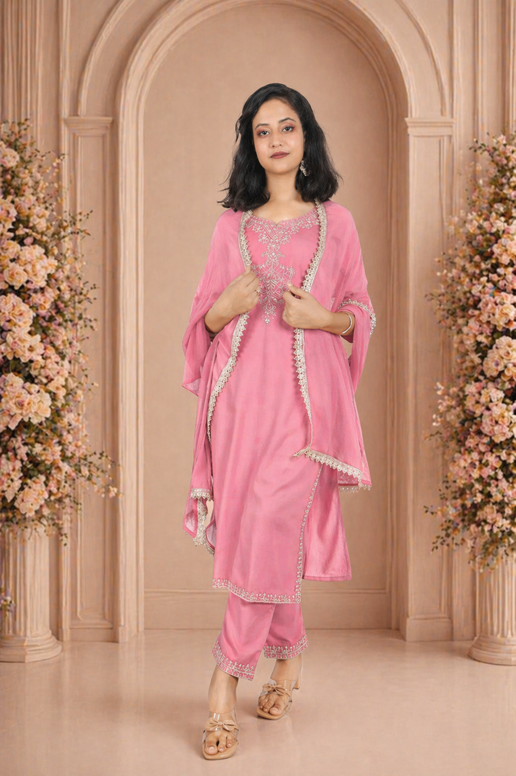 bilori Women's Baby Pink Rose Gold Zari with Sequins Embroidered Kurta, Trouser/Pant & Dupatta Set
